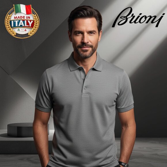 Brioni 100% Silk Polo Shirt Mens L Gray Short Sleeve 3-Button - Picture 2 of 9